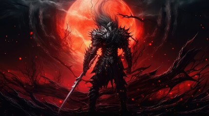 Fototapeta premium Knight of the Dark Lord against the backdrop of a huge mystical moon. Fantasy background. Dark fantasy warrior, dark fantasy art. digital art,, generative ai