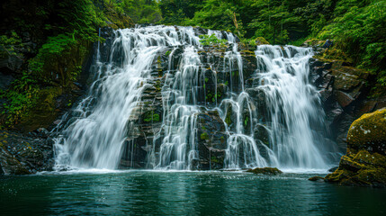 A huge waterfall surrounded by greenery falling into the river