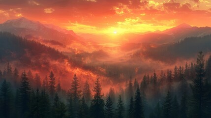 Obraz premium Golden hour sunlight is bathing mountain peaks and a thick pine forest in warm light as a low lying fog rolls through the valley