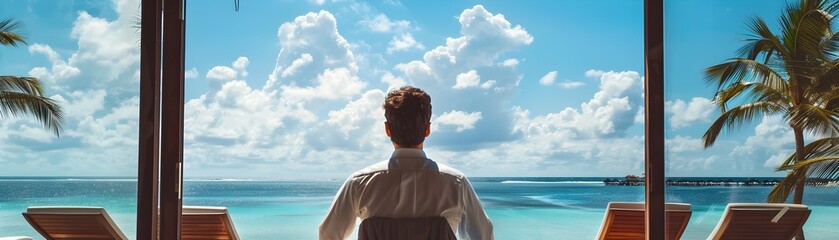 Fototapeta premium Businessman Gazing Longingly at Tropical Beach Poster Daydreaming of Workplace Escapism