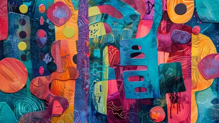 Creating a textured abstract collage with colorful papers and paint adds depth, forming geometric shapes and patterns in vibrant colors. Perfect for scrapbooking or graphic design projects