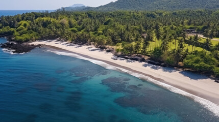 Panorama of tropical black volcanic beach. Aerial view and top view. Beautiful natural backdrop., generative ai