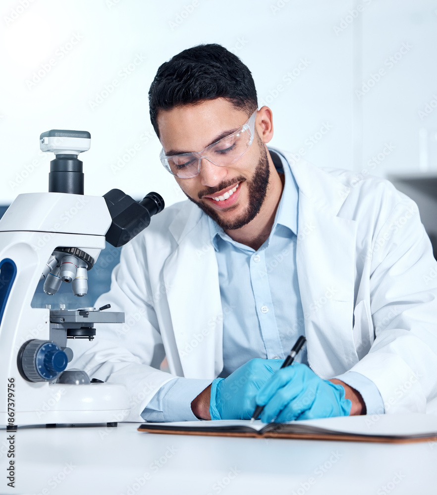 Poster Man, microscope and writing research in lab, experiment and innovation study for vaccine development. Science, notes and hypothesis for medical researcher, biotechnology and cure engineering