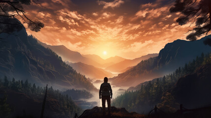 Fototapeta premium Silhouette of man and nature view on the beautiful mountains landscape. Double exposure. Human and nature cooperation. Concept of environment issues, generative ai