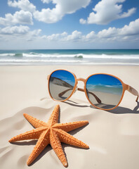 Sunglasses and starfish on the beach with sea background