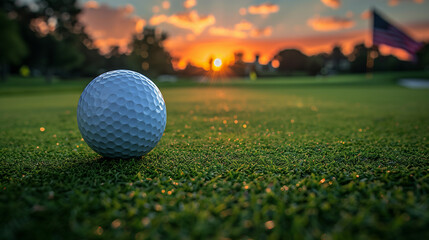 Golf ball lying on the grass of a golf course - American flag in the background