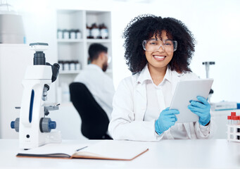 Woman, scientist and happy at lab with tablet on portrait for online medical research, information...