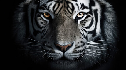 Closeup head of White siberian tiger on black background. Wildlife animal. digital art,, generative ai