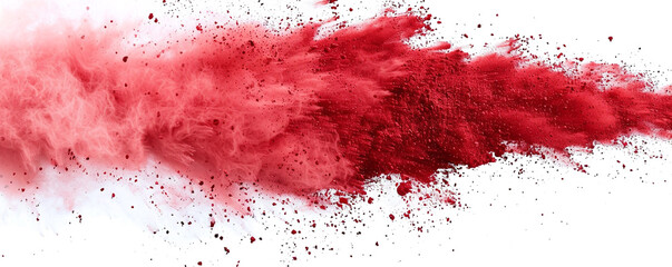 Red powder explosion abstract over a white background. Isolated red powder splatter. cloud with color. Colorful dust erupts. Color Holi