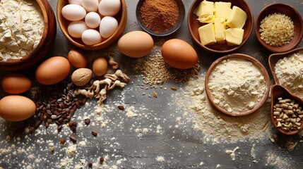 Baking Ingredients Flat Lay: Capture a flat lay of baking ingredients, such as flour, eggs, and butter, artistically spread across a light, textured surface.