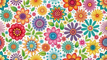 Fototapeta premium Vibrant, stylized illustration of colorful flowers in a seamless repeating pattern on a white background, perfect for design elements.