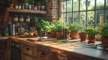 Rustic Kitchen Scene: Capture a rustic kitchen background with wooden surfaces, herbs, and simple cooking utensils, evoking a cozy and homey atmosphere. 