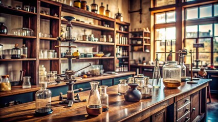 Out-of-focus image of a vintage laboratory with antique equipment, aged wooden shelves, and dusty beakers and flasks in the background.