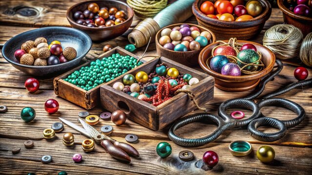 Artisanal jewelry making supplies scattered on a rustic wooden table, beads, threads, and findings await creative assembly.