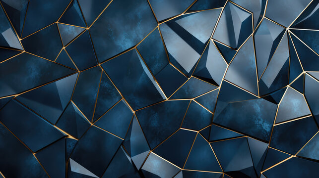 Geometry Seamless pattern. Abstract polygonal pattern luxury dark blue with gold background. Luxury background design for website, poster, brochure, presentation template etc. 3d render, generative ai