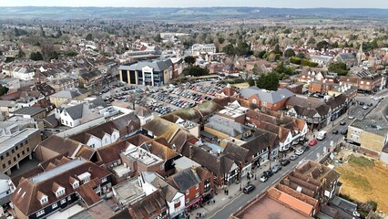 Sevenoaks town Kent UK high street drone,aerial low pov.