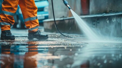 Wet cleaning of street with pressurized water.
