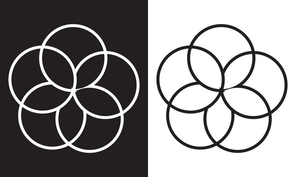 Simple overlapping circles vector drawing, version with three to seven objects, also interlocked rounds style.. Isolated on white and black background. Vector illustration. EPS 10