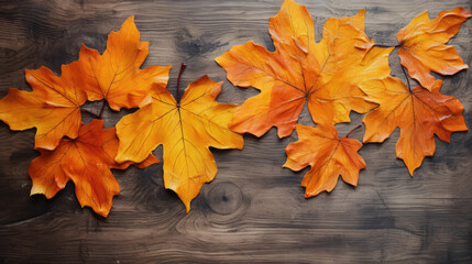 Wet orange maple leaves on the wooden background. Abstract autumn background from the fallen maple leaves. Golden autumn., generative ai