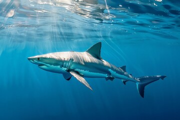 Fototapeta premium Great White Shark Swimming in Blue Ocean Water.
