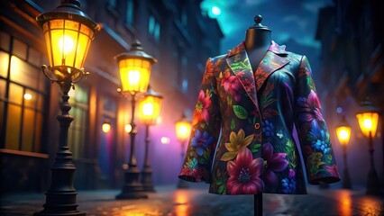 Obraz premium Vibrant floral jacket hanging on a city street lamp post , fashion, urban, texture, colorful, trendy, garment, modern, spring, summer, cityscape, youthful, vibrant, street style, downtown