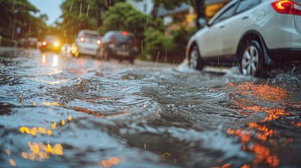 Fototapeta premium Car driving on a flooded road covered with pouring rain water
