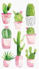 Watercolor set of trendy abstract cacti in beautiful pink pots in pastel colors, clean white background. Generative AI