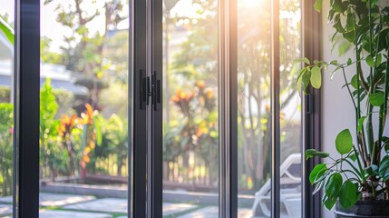 Naklejka premium Close up image of aluminum frame sliding patio door system