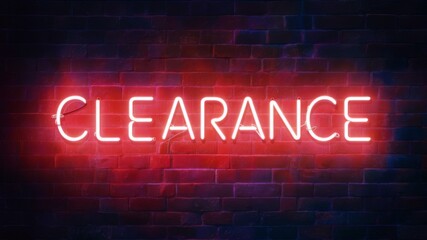 Obraz premium Neon clearance sign glowing against a dark brick wall background, perfect for promotional content, advertisements, and retail sales marketing.