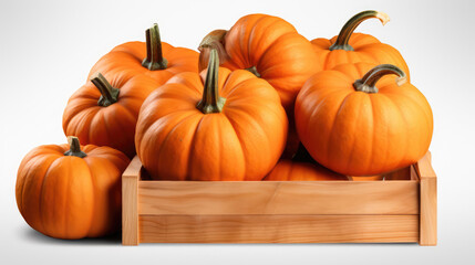 Obraz premium Pumpkins in box on transparent background, png. Orange sweet pumpkins in a wooden box. Autumn harvest concept. Close-up., generative ai