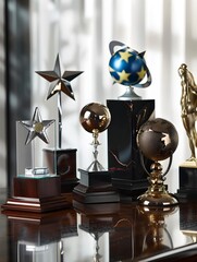 set of various corporate award trophies on a table 