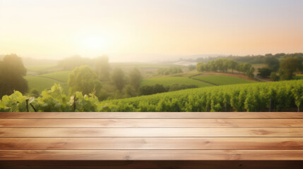 Empty wood table top with on blurred vineyard landscape background, for display or montage your products. Agriculture winery and wine tasting concept., generative ai