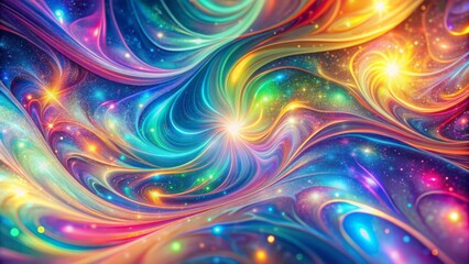 Vibrant iridescent holographic background featuring shimmering bright rainbow multicolor hues with intricate swirling patterns and mesmerizing depth effect.