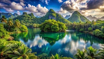 Serene collection of untouched natural wonders featuring a tropical island, dense forest, majestic mountains, and peaceful pond landscapes.