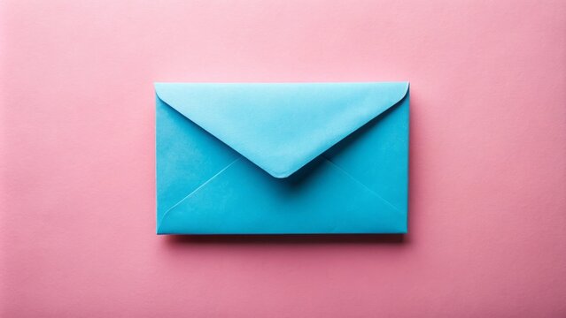 A solitary bright blue envelope stands out against a soft pastel pink background, awaiting its undisclosed sentimental message.
