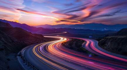 A winding highway through the mountains, with long exposure lights on cars creating streaks of light in vibrant colors against the backdrop of a colorful sunset sky. 