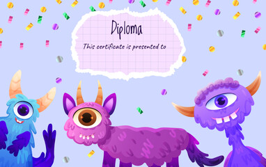 Education diploma or certificate for school with cute furry monsters