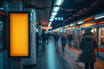 Fototapeta premium A Bright Yellow Subway Advertisement In A Modern Train Station
