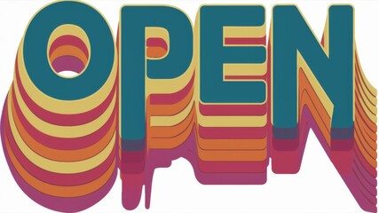 Word Open, Bright, layered, retro-themed open sign in vibrant typography, ideal for use in marketing materials, advertising campaigns, and storefront window displays.