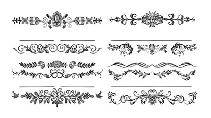 Obraz premium Text dividers doodle set. Wedding decorative elements. Divider ornament, borders, vintage line separators. Hand drawn vector illustration isolated on white background