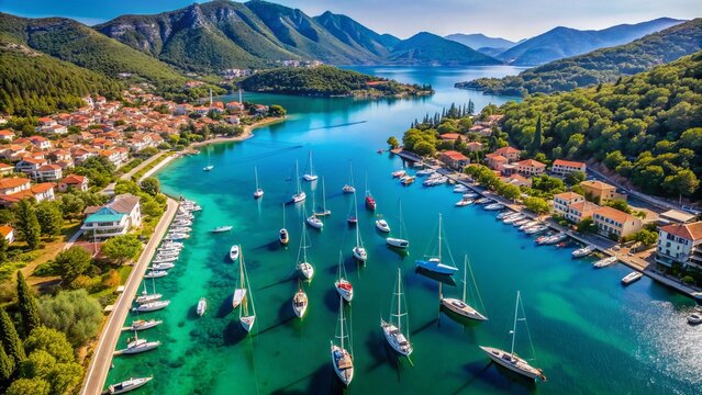 Breathtaking aerial footage of serene Nidri harbor, Lefkada island, Greece, showcasing sailboats docked amidst picturesque turquoise waters and verdant landscape.
