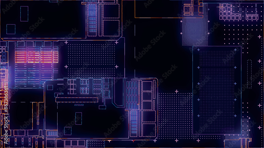 Poster printed circuit board. visualization of advanced technology concept: pcb processor microchip, digiti