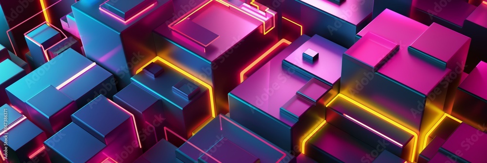 Wall mural futuristic violet geometric cube illustration with neon light, modern digital design concept.