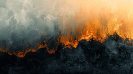Abstract image evoking a mountain range at sunset, with warm orange and yellow tones blending with cool blues and grays. The textured surface adds depth and dimension to the artwork