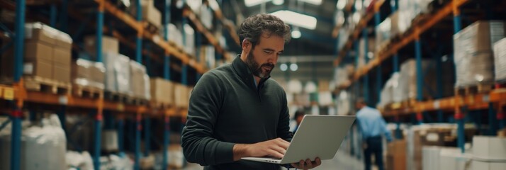 A warehouse manager using a laptop among cardboard boxes, managing shipment and distribution processes.