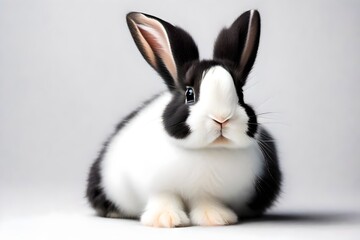 Obraz premium Cute black and white baby rabbit, sitting up facing front. Looking towards camera. Isolated on a white background.