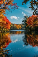 Idyllic autumnal scenery by a riverbank with a mirror-like water surface and colorful foliage.