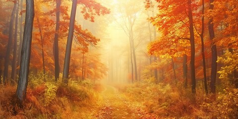 A peaceful forest trail with vibrant autumnal foliage and sunlight filtering through the trees.