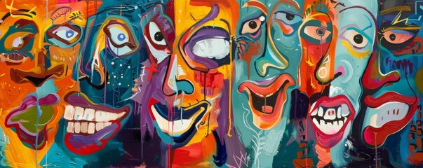 Abstract portrait painting using vivid colors and expressing a wide range of feelings, ideal for projects related to diversity, mental health, and human emotions