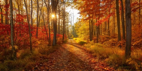Obraz premium A golden woodland path with vibrant foliage and trees illuminated by sunrise sunlight in autumn.